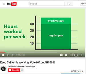 AB 1066 would roll out new rules for overtime in 2019, lowering the current 10-hour-day threshold for overtime by half an hour each year until it reaches the standard eight-hour day by 2022. It also would phase in a 40-hour standard workweek for the first time. It is opposed by a coalition of agricultural groups, including the California Cut Flower Commission.