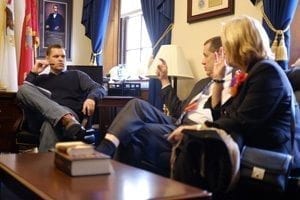 An Illinois congressional aide learns about the floral industry from Michael Klopmeyer Ph.D., of Darwin Perennials in West Chicago, and Mona Haberer of Hortica in Edwardsville during Congressional Action Days 2017.