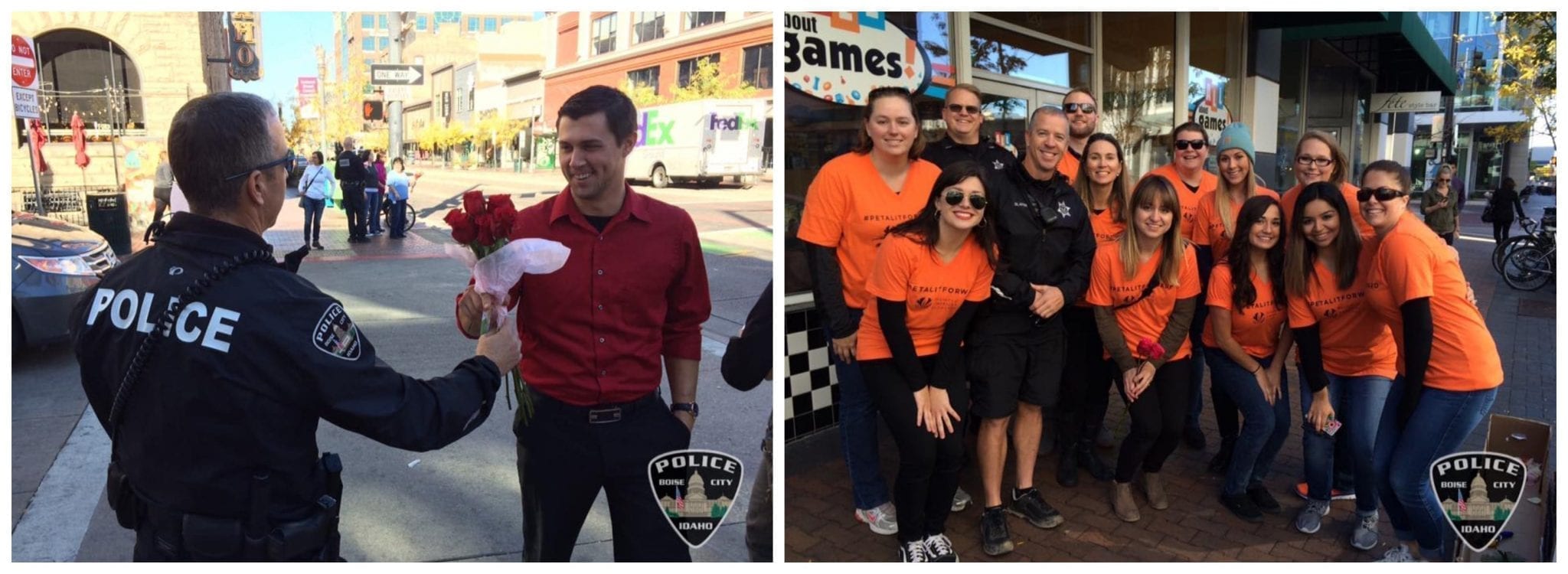 The Boise Police Department posted Petal It Forward photos on Facebook: “Surprise! Boise Police helped hand out flowers ? in Downtown Boise as part of Petal It Forward. Officers along with employees from Fifty Flowers handed people two bouquets, one to keep and one to pass on to somebody else. We hope everyone has a wonderful Wednesday! ?:”””