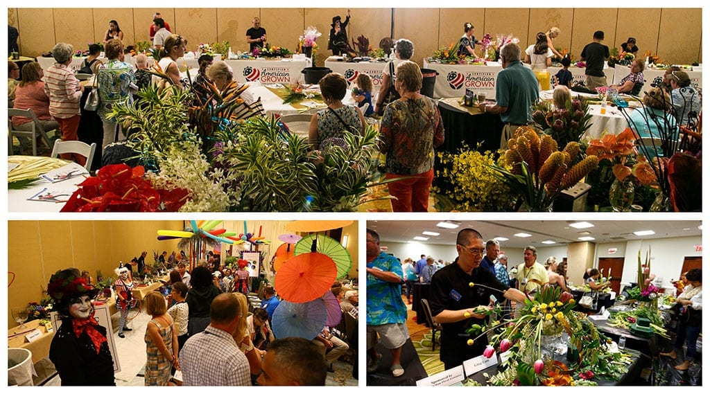 The Sylvia Cup Design Competition is known for its surprise themes. Pictured top: “Elvis Aloha from Hawaii” in 2016; bottom left is “Cirque de Fleur” in 2015; and “Studio 54 Revisited” in 2014.