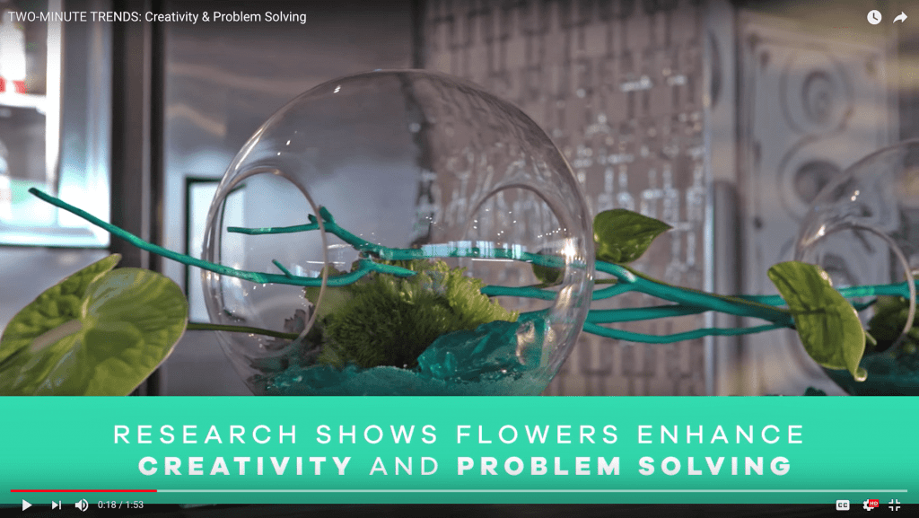 SAF’s “Two-Minute Trends: Creativity & Problem Solving” video points out the Texas A&M University research that shows workers’ idea generation and problem solving improves in workplace environments that include flowers and plants.