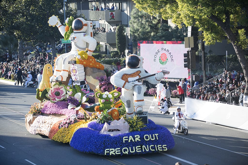 19Rose Parade float2-The Cal Poly Universities Rose Parade entry, Far Out Frequencies, makes its way along the parade route in Pasadena January 1, 2019.