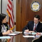 Jodi McShan, AAF, of McShan Florist in Dallas, Texas, and Charles Ingrum of Dr. Delphinium Designs in Dallas, meet with lawmakers in the office of Sen. Ted Cruz (R-Texas) during CAD. Such visits have laid the ground for productive follow-up in the month since the event.