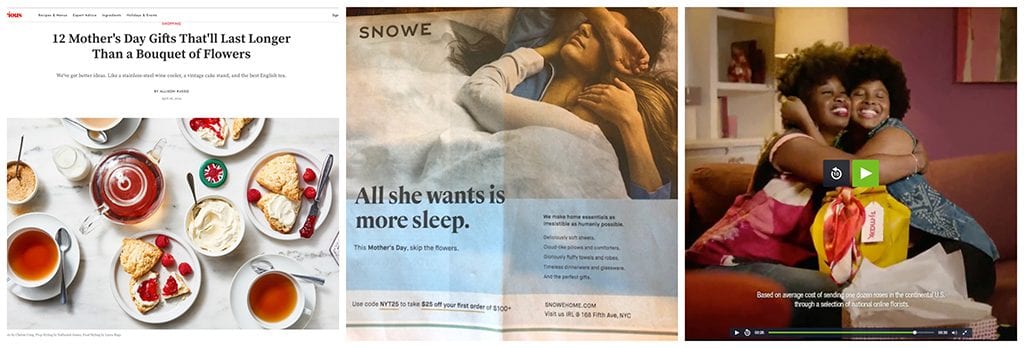 SAF has responded to these ads this Mother’s Day season. From left: Epicurious posted an article headlined, “12 Mother's Day Gifts That'll Last Longer Than a Bouquet of Flowers.” Snowe advertised “This Mother’s Day, skip the flowers.” A TJ Maxx TV commercial said, “get quality gifts she’ll love at prices you’ll love for less than the cost of a dozen roses.”